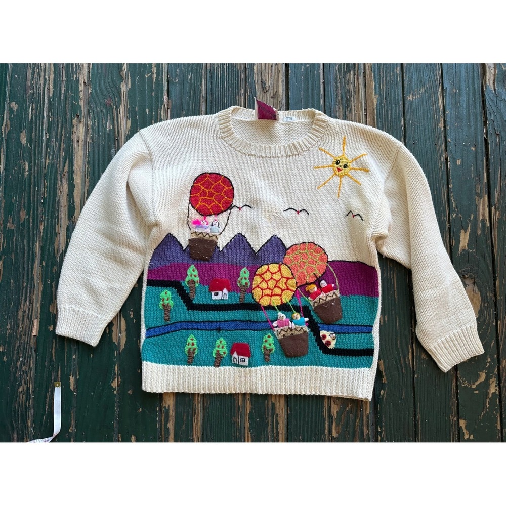 Vintage Passports Pier 1 Imports Hot Air Balloon Embroidered Knit Sweater Small